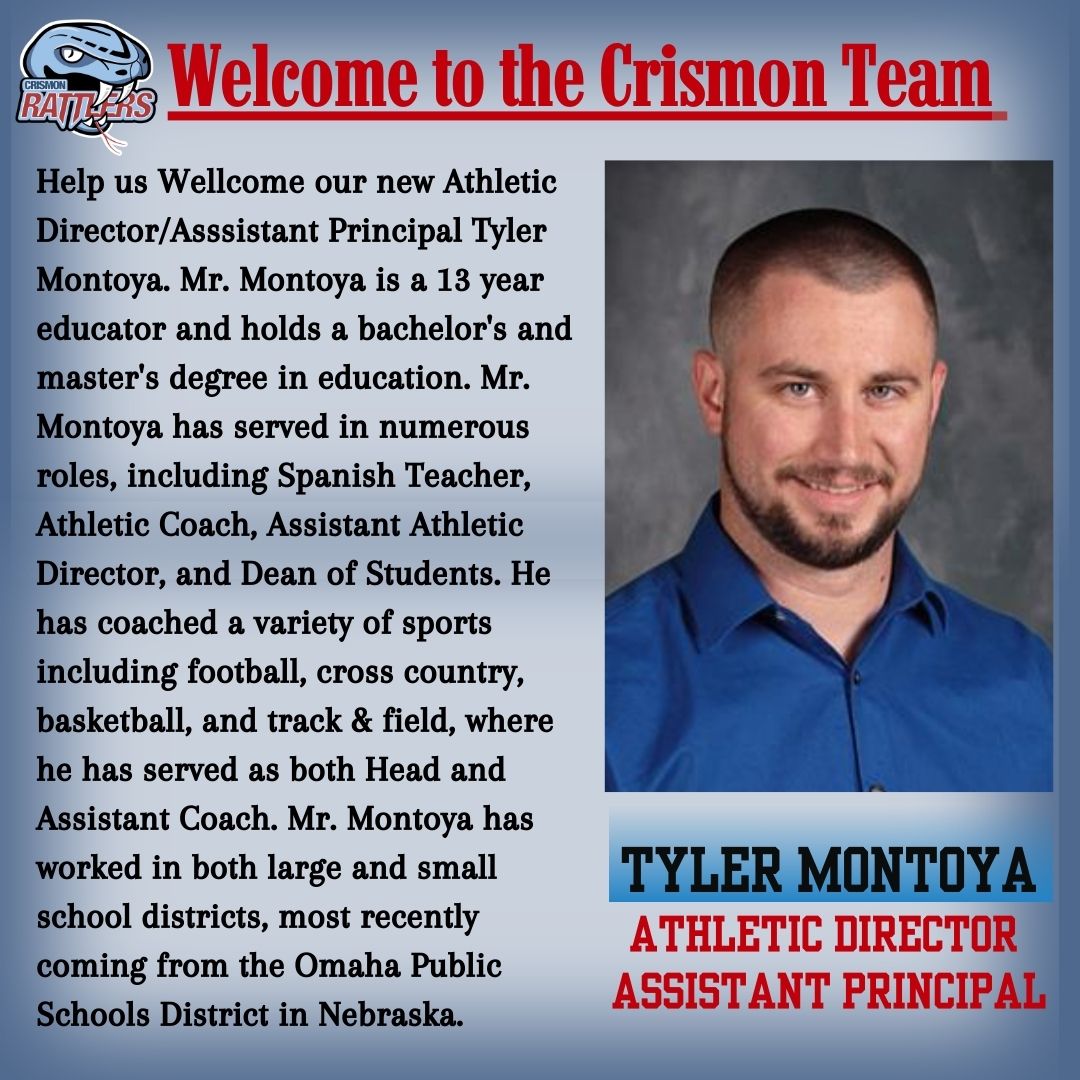 CrismonRattlers's tweet photo. 🎉 Join us in welcoming our new Athletic Director/Assistant Principal Mr. Montoya to the team! With 13 years of experience and a passion for education and sports, we are thrilled to have him on board. Let's give him a warm welcome! 🏆🎊 #NewTeamMember #ExcitedToWorkTogether https://t.co/J5fhlFrg0M