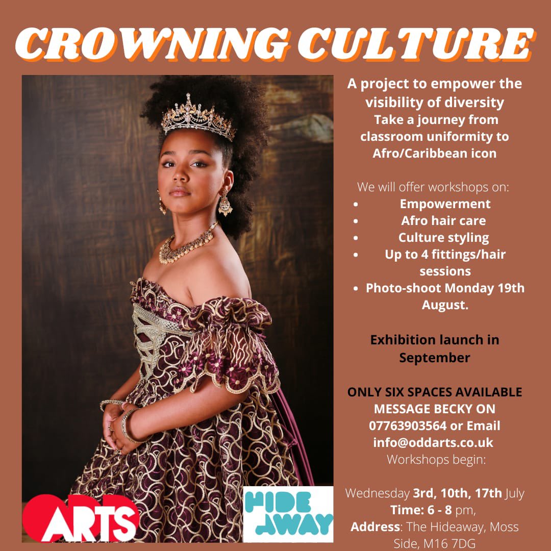 👑 CROWNING•CULTURE👑 Six spaces available on our project to empower the visibility of diversity. Take a journey from classroom uniformity to Afro/Caribbean icon 🤩 Email info@oddarts.co.uk to express your interest 🙌🏾 #oddarts <a href="/Hideaway_Youth/">Hideaway Youth</a>