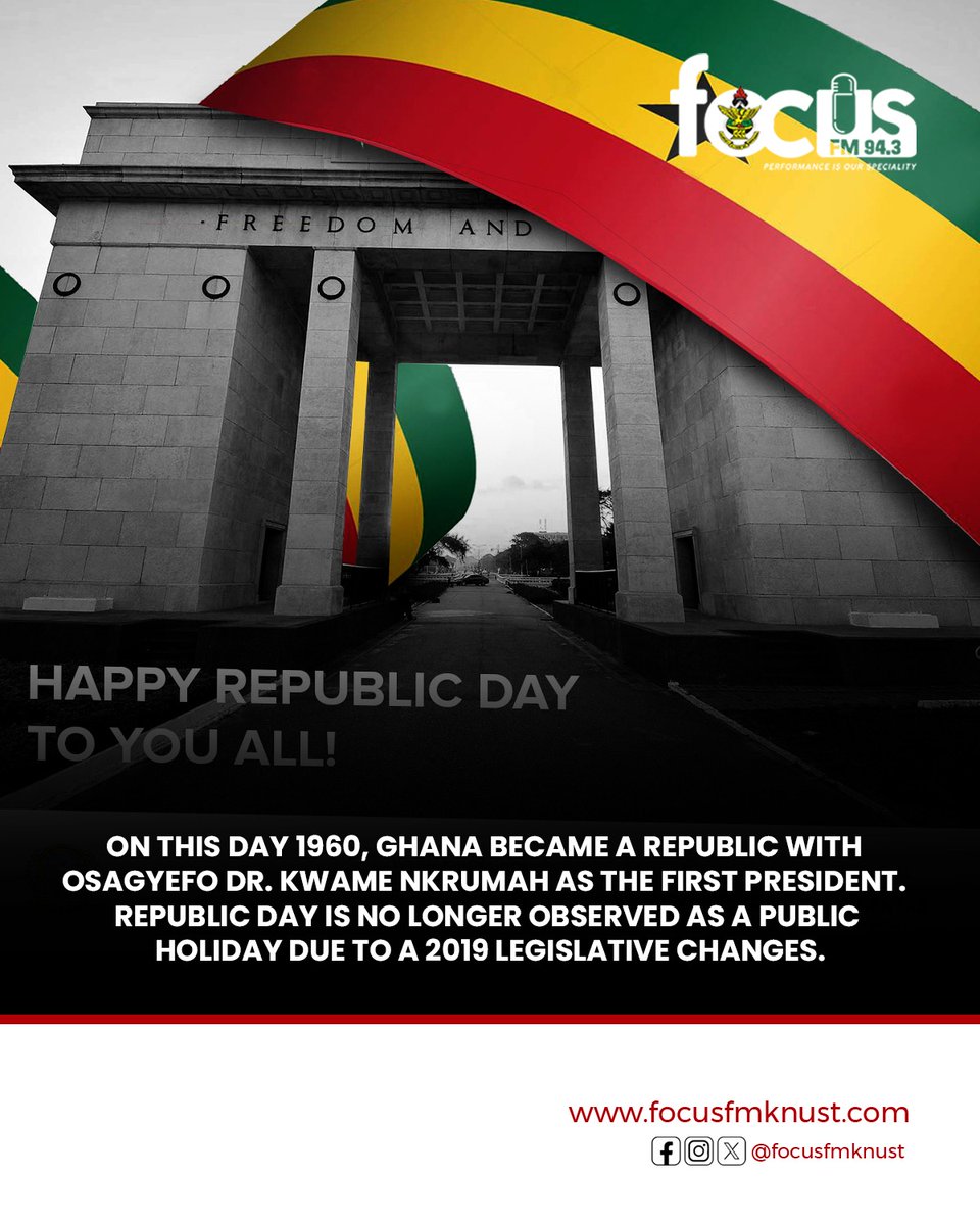 knustfocusfm's tweet photo. On this day in 1960, Ghana became a republic with Osagyefo Dr. Kwame Nkrumah as the first president. Republic Day is no longer observed as a public holiday due to legislative changes in 2019. Share your thoughts and memories! 

#Focus943FM https://t.co/q5QebvP9tB