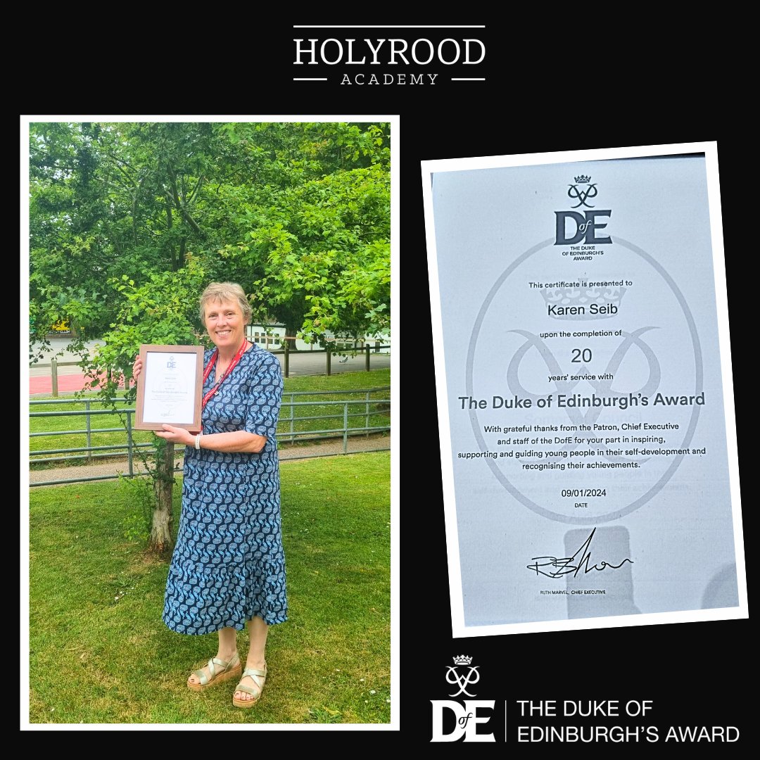 We are so proud to announce that our very own Mrs Seib, has been awarded a certificate for her 20 years of service with The Duke of Edinburgh Award. What an amazing achievement! 

<a href="/dofeuk/">DofE UK</a> 
#TEAMHOLYROOD
#DofE
#DedicatedService
#Congratulations
#Inspiration