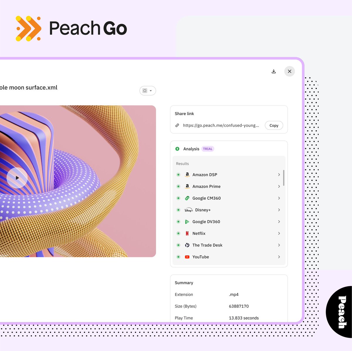 Have you tried the new ‘Analyse’ tool on Peach Go? Seamlessly check your assets are right for Google DV360, Google CM360, YouTube, Disney+, Netflix, Amazon Prime Video and The Trade Desk. hubs.li/Q02DSDBn0