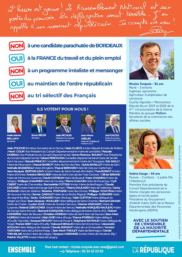 TurquoisNicolas's tweet photo. Merci à toutes celles et ceux qui par leurs votes me permettent d'être présent au 2nd tour des #ElectionsLegislatives2024. Maintenant l'heure est grave, j'en appelle à un sursaut républicain collectif pour empêcher notre #Circo8604 d'envoyer une députée du RN à l'Assemblée https://t.co/DR0jASXVQQ