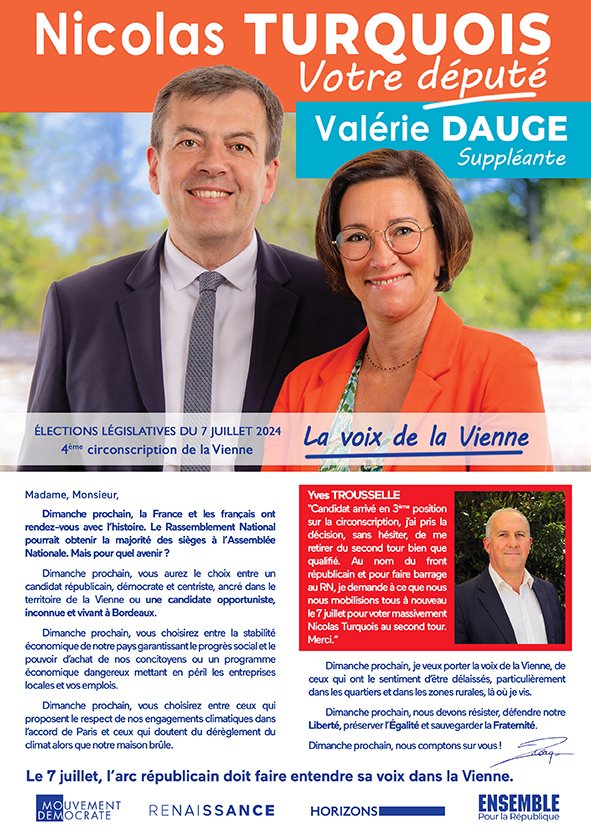 TurquoisNicolas's tweet photo. Merci à toutes celles et ceux qui par leurs votes me permettent d'être présent au 2nd tour des #ElectionsLegislatives2024. Maintenant l'heure est grave, j'en appelle à un sursaut républicain collectif pour empêcher notre #Circo8604 d'envoyer une députée du RN à l'Assemblée https://t.co/DR0jASXVQQ