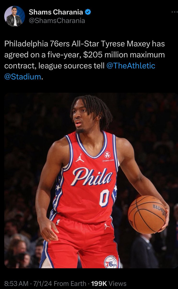 CrossingBroad's tweet photo. Tyrese Maxey getting his first max deal on Mike Muscala’s birthday is poetic https://t.co/Ppn98c9H9b