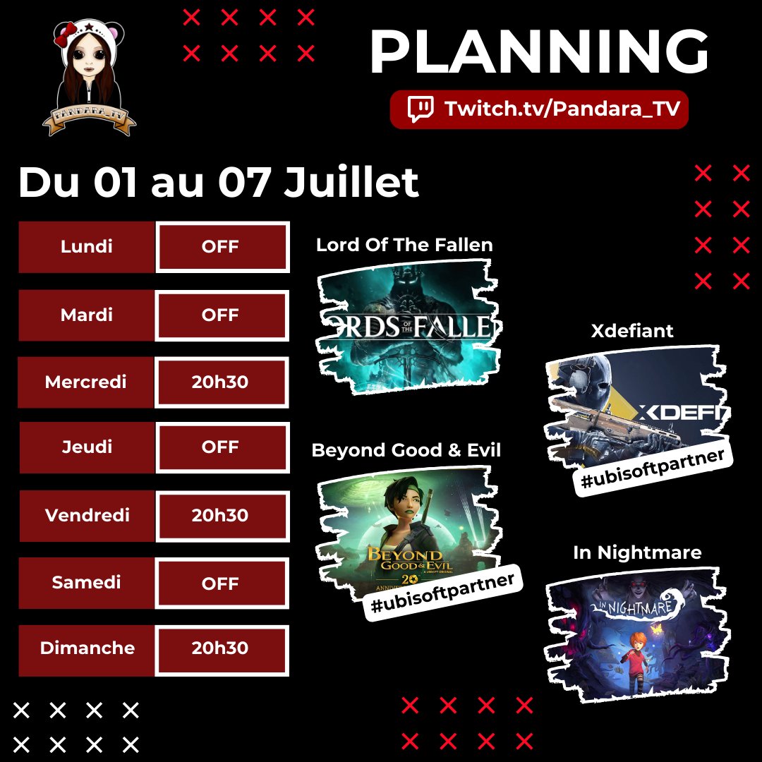 Pandara_Dark's tweet photo. Coucou!!

🗓️Planning de la semaine:

💤 Mardi: OFF
⚔️ Mercredi:  #LordsOfTheFallen + #XDefiant
🎊 Vendredi: #BeyondGoodEvil
👻 Dimanche: Suite #InNightmare

Bonne semaine à tous
#ubisoftpartner #indiegame #TwitchStreamers #twitchfr https://t.co/0Zmo3r5pi4