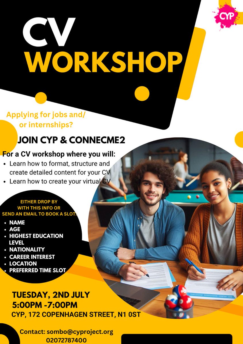 🚨 Attention all young job seekers! 🚨⁠
⁠
Our CV Workshop is happening TOMORROW at CYP from 5-7pm! ✨ Don't miss this opportunity to make your CV absolutely irresistable to recruiters!