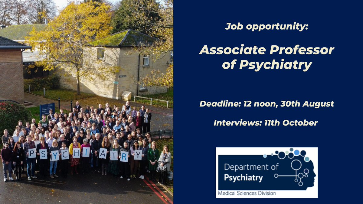 Oxford Psychiatry (@oxpsychiatry) on Twitter photo JOB: Associate Professor of #Psychiatry with fellowship <a href="/WolfsonCollege/">Wolfson College, Oxford</a> & honorary <a href="/OxfordHealthNHS/">Oxford Health NHS FT</a>
We're looking for a world-leading researcher who can deliver teaching & is committed to equality, diversity & inclusion
#AcademicTwitter #academicjobs
my.corehr.com/pls/uoxrecruit… JOB: Associate Professor of #Psychiatry with fellowship <a href="/WolfsonCollege/">Wolfson College, Oxford</a> & honorary <a href="/OxfordHealthNHS/">Oxford Health NHS FT</a>
We're looking for a world-leading researcher who can deliver teaching & is committed to equality, diversity & inclusion
#AcademicTwitter #academicjobs
my.corehr.com/pls/uoxrecruit…