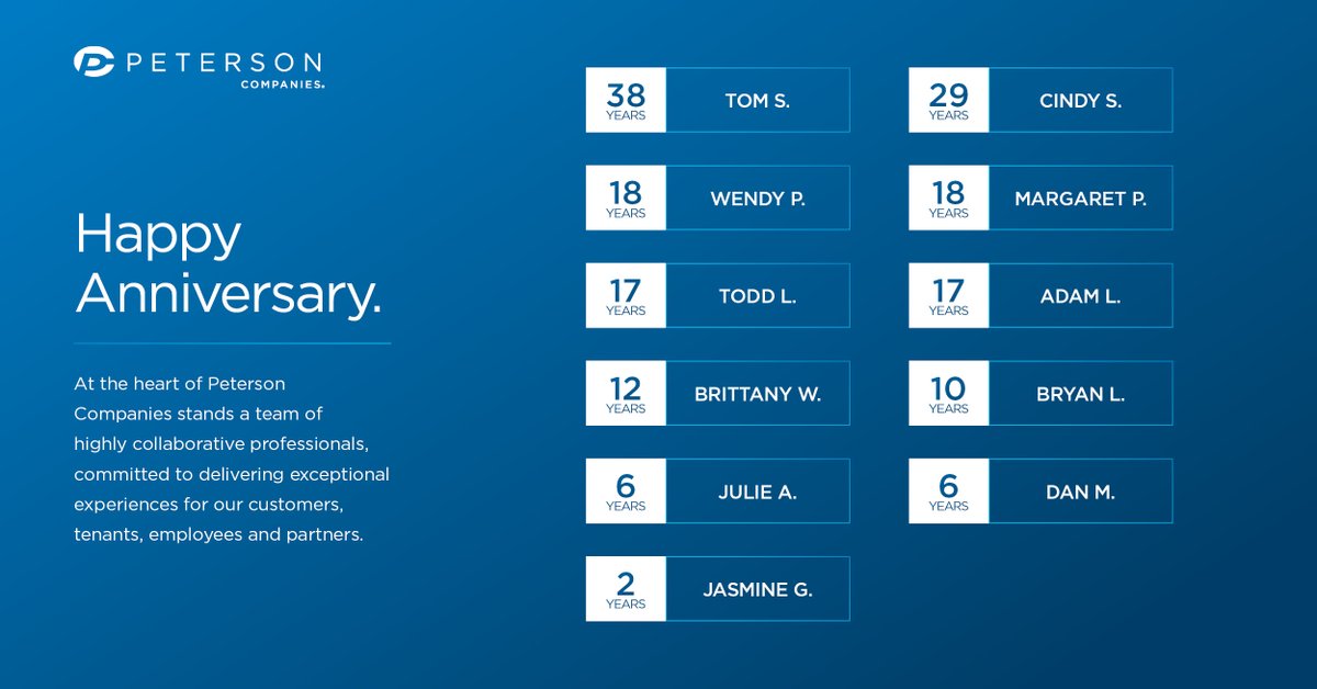 Happy Workiversary to our employees celebrating this July! Thank you for all of your hard work! 🎉 #PetersonPride
