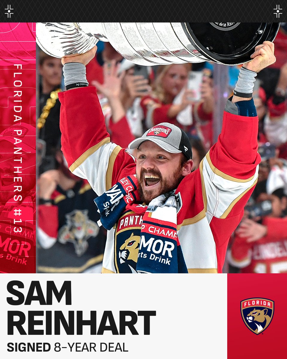 NHL's tweet photo. STAYING IN SOUTH FLORIDA 🌴 

Sam Reinhart inks an eight-year extension to remain with the @FlaPanthers! #NHLFreeAgency https://t.co/8OafIt5kNa
