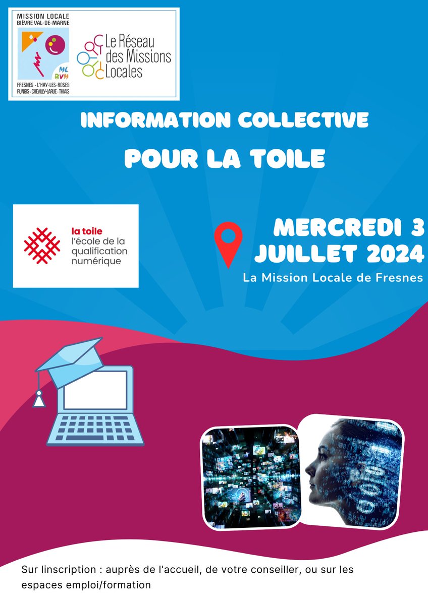 🚀 [Information collective : Prépa en Informatique de l'École La Toile ! ]🚀

Une réunion d'information collective aura lieu à Fresnes le 3 juillet 2024 avec l'école La Toile pour vous présenter leur super programme de formation ! 🎓💻