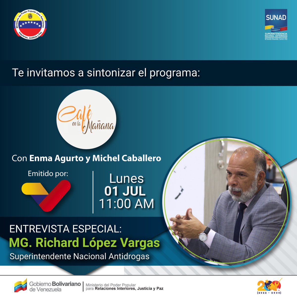 ¡ATENTOS! 

Hoy en el programa <a href="/cafeenlamanana/">Café en la mañana</a>, el Superintendente Nacional Antidrogas, MG @LopezvargasR estará conversando sobre la Lucha Mundial Antidrogas.  

 🕙11: 00 am 

📡<a href="/VTVcanal8/">VTV CANAL 8</a>

#JulioDeVictoria