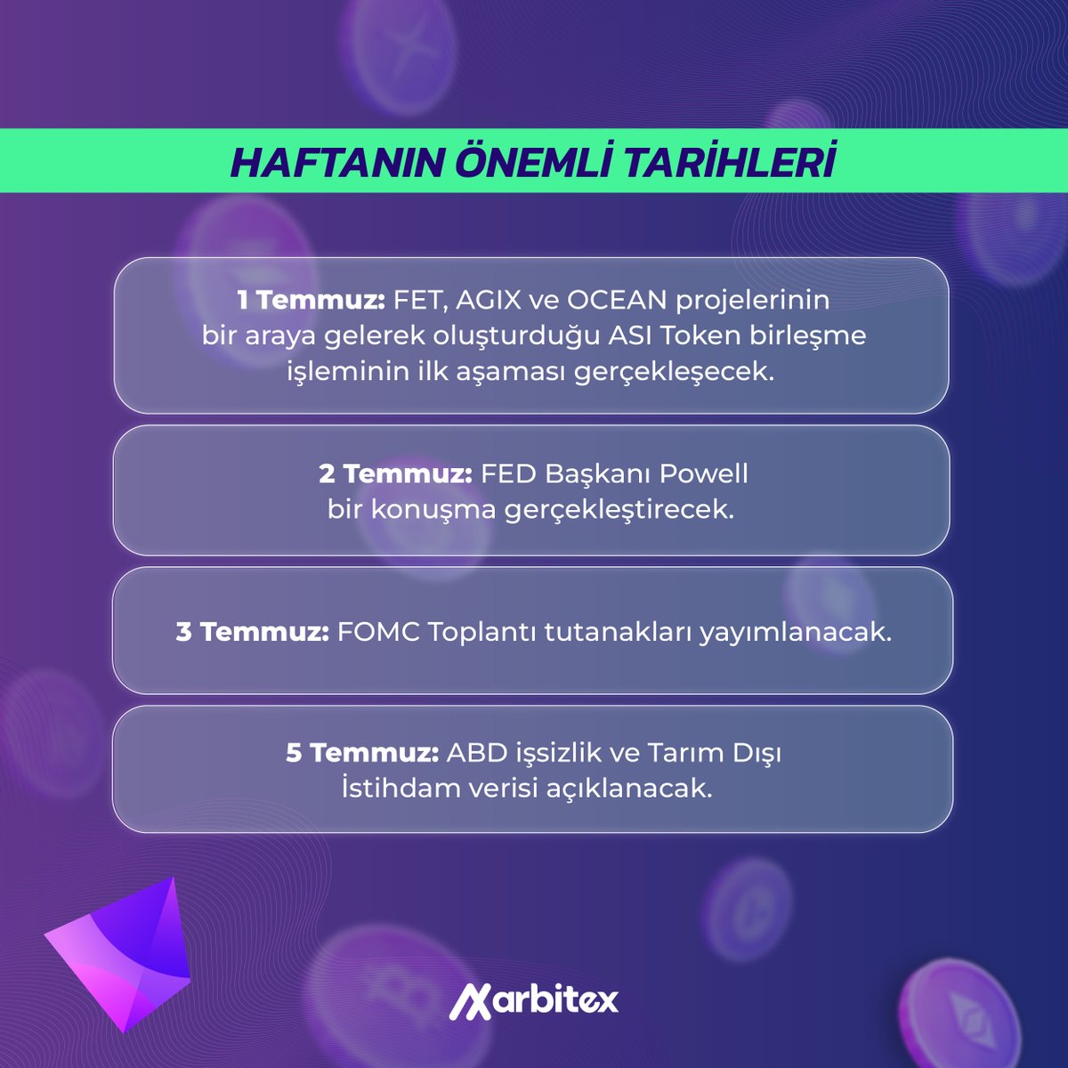 Bu Hafta Kripto Dünyasında Önemli Tarihler

🟪1 Temmuz:FET, AGIX ve OCEAN projelerinin bir araya gelerek oluşturduğu ASI Token birleşme işleminin ilk aşaması gerçekleşecek.

🟩2 Temmuz: FED Başkanı Powell bir konuşma gerçekleştirecek.

🟪3 Temmuz:FOMC Toplantı tutanakları