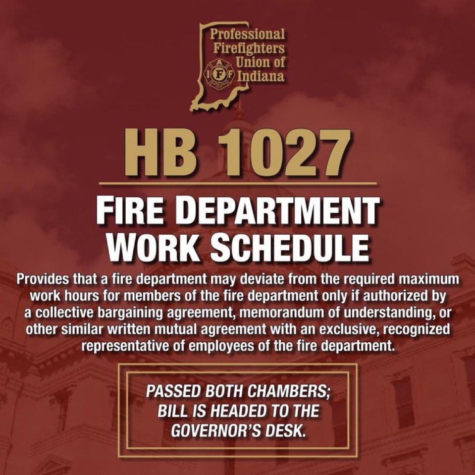 bbarnard's tweet photo. 500+ fire departments across the US work a 48/96 schedule with more changing to it every month because they realize the benefits. Thanks to @matt_hostettler @GovHolcomb &amp; @PFFUI , today it’s Indiana’s turn @EvansvilleFD @IAFFlocal357  #LeadIndiana https://t.co/rrfnJ8TRcX