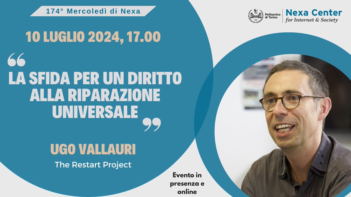 🗓Mercoledì 10 luglio, ore 17.00
174° #nexawednesday “La sfida per un diritto alla riparazione universale”
👉Con <a href="/ugomatic/">ugo vallauri</a> (<a href="/RestartProject/">The Restart Project</a>)
ℹ️INFO: nexa.polito.it/mercoledi-174

#dirittoallariparazione #tecnologia #circulareconomy #righttorepair #elettronica #ambiente