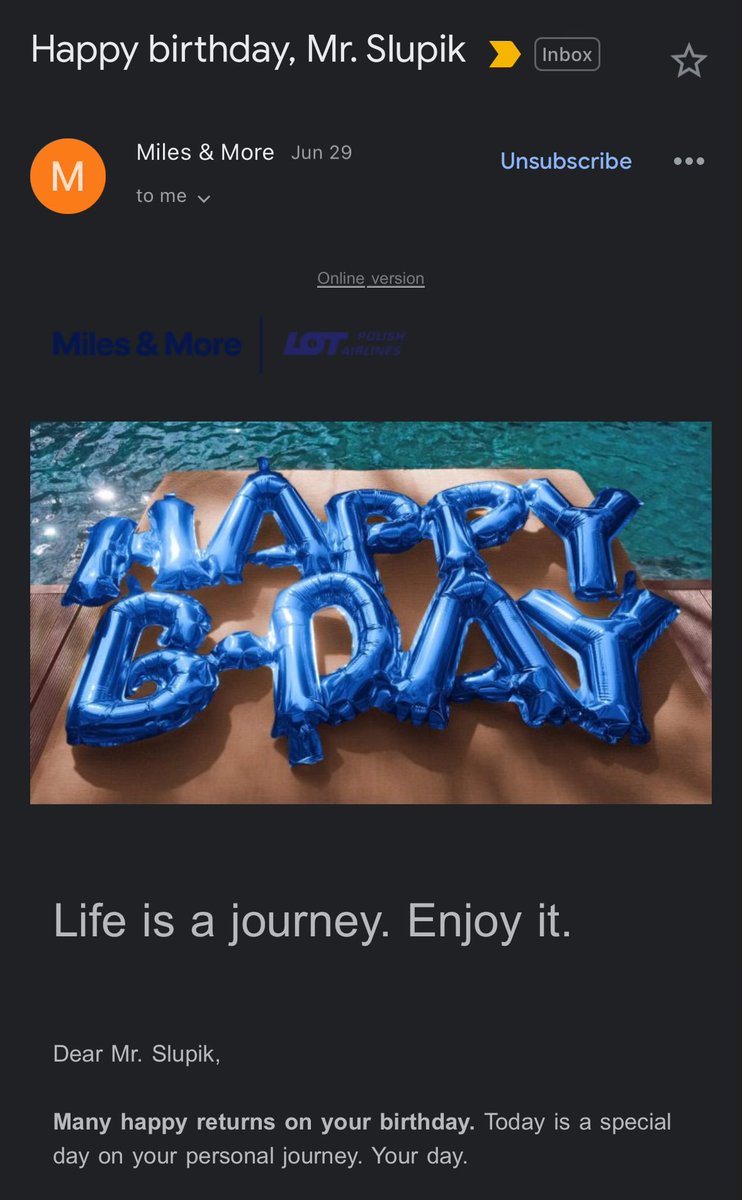 It is like Lem’s Terminus english.lem.pl/works/novels/t….  Once programmed, they keep sending me this. The date is wrong (not my birthday) due to a bug they had back when I was a member (I no longer am).