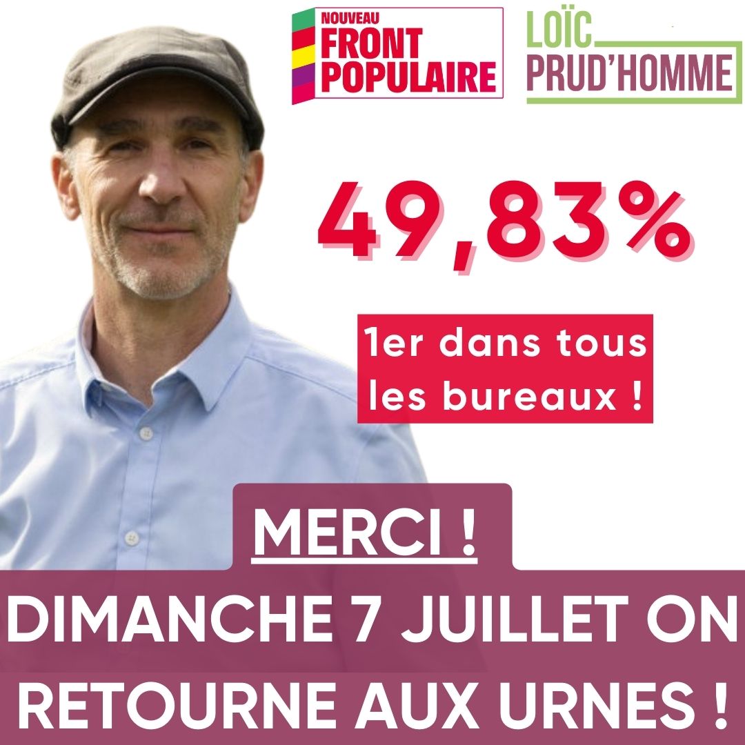 PrudhommeLoic's tweet photo. Il aura manqué 100 voix hier pour permettre ma réélection dès le premier tour.  
49,83% : merci à vous !
Le 7 juillet, ici comme partout en Gironde, pas une voix ne doit manquer pour permettre une alternative pacifique, sociale et écologique.  On continue ! #NouveauFrontPopulaire https://t.co/AybpKtR1gF