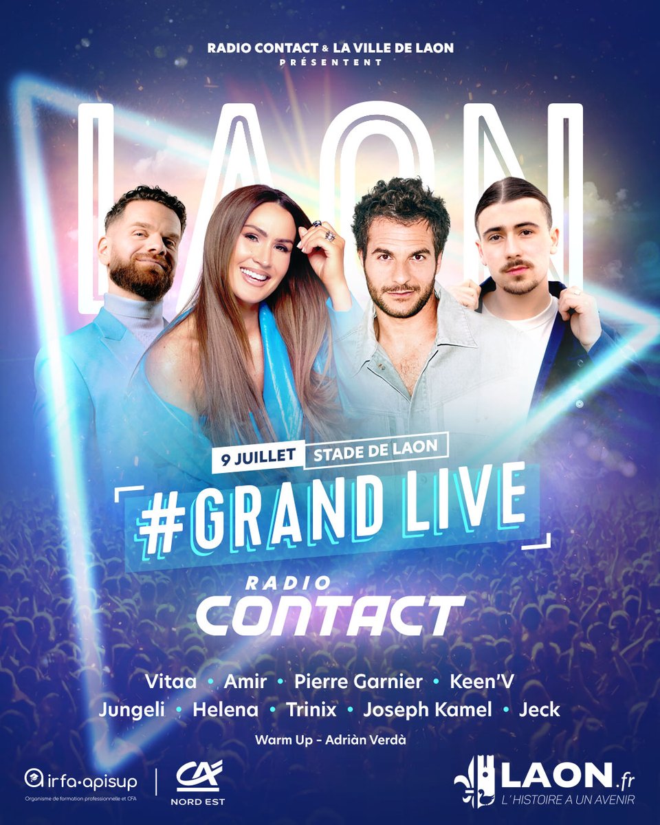 Radio Contact (@radiocontactfm) on Twitter photo 🥳ÉVÉNEMENT ! Seront sur la scène du #GrandLive #RadioContact, le 9 juillet dans la <a href="/villedelaon/">Ville de Laon</a> : Pierre Garnier, Joseph Kamel, Vitaa, Jungeli, Keen'V, Jeck, Trinix, Helena et Amir 🔥 Concert gratuit et ouvert à tous ! 🥳ÉVÉNEMENT ! Seront sur la scène du #GrandLive #RadioContact, le 9 juillet dans la <a href="/villedelaon/">Ville de Laon</a> : Pierre Garnier, Joseph Kamel, Vitaa, Jungeli, Keen'V, Jeck, Trinix, Helena et Amir 🔥 Concert gratuit et ouvert à tous !