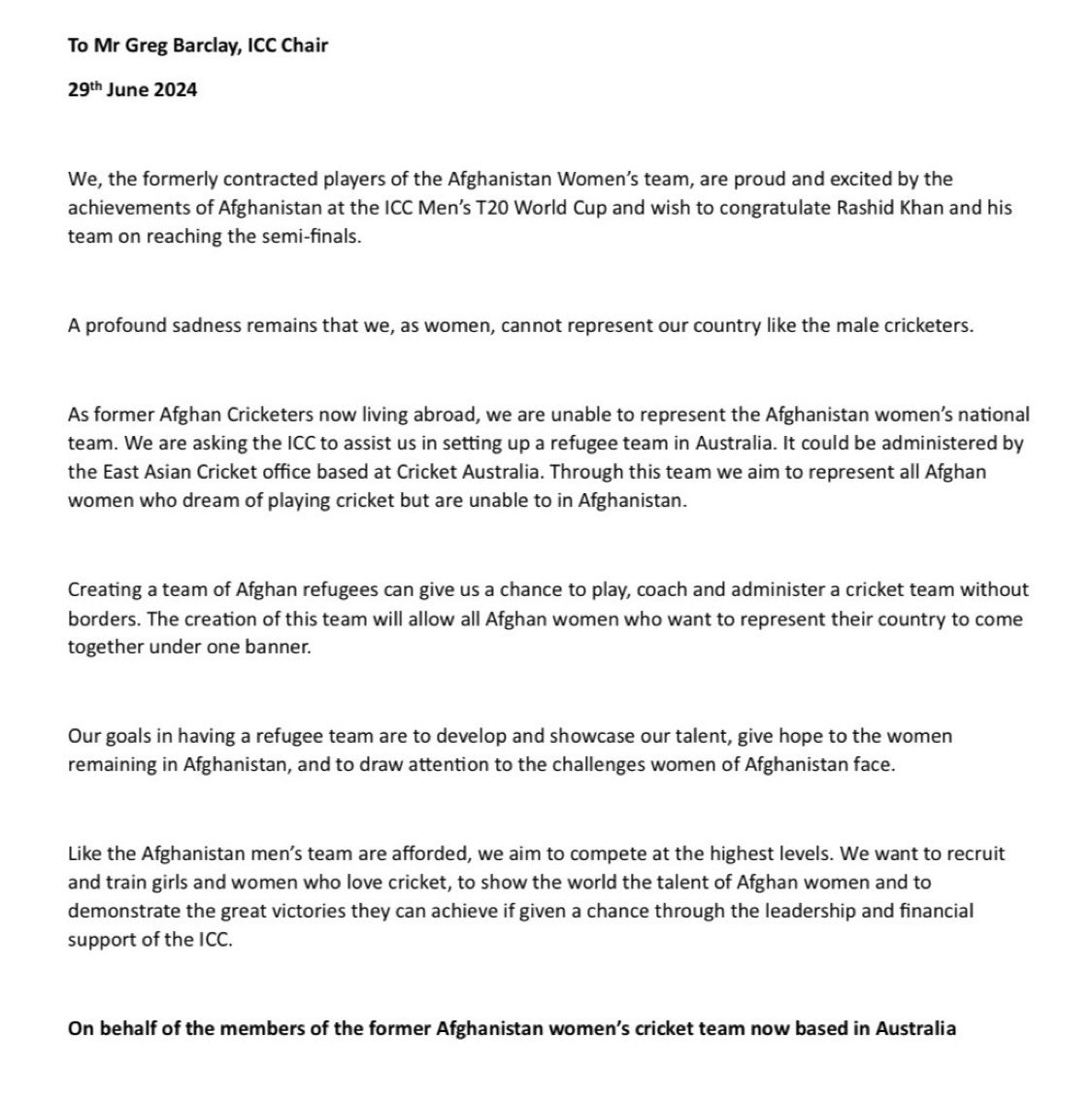 WCricketChat's tweet photo. Following the success of the men’s team at the T20 World Cup, members of the former Afghanistan Women’s Cricket team, who are based in Australia having fled in 2021, team have written to the @ICC asking for support in setting up a refugee team 🏏 https://t.co/rpGq8D8E29