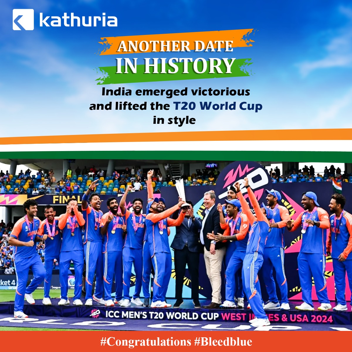 KRollmill's tweet photo. What a historic moment! India lifts the World Cup trophy with style and grace. #Congratulations to our champions for their outstanding performance! #T20WorldCup #TeamIndia #T20WorldCup24 #T20WorldCupWinner #bleedblue https://t.co/a5UHLKyz8i