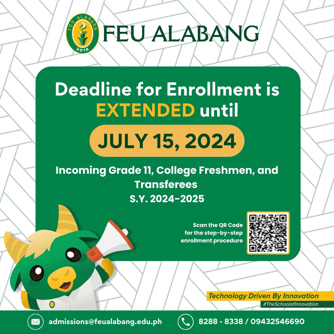 𝗚𝗢𝗢𝗗 𝗡𝗘𝗪𝗦, 𝗙𝗨𝗧𝗨𝗥𝗘 𝗧𝗔𝗠𝗔𝗥𝗔𝗪𝗦! 📣
FEU Alabang is still accepting enrollees for S.Y. 2024-2025 until JULY 15, 2024.💚💛

Register here: bit.ly/feuregistration