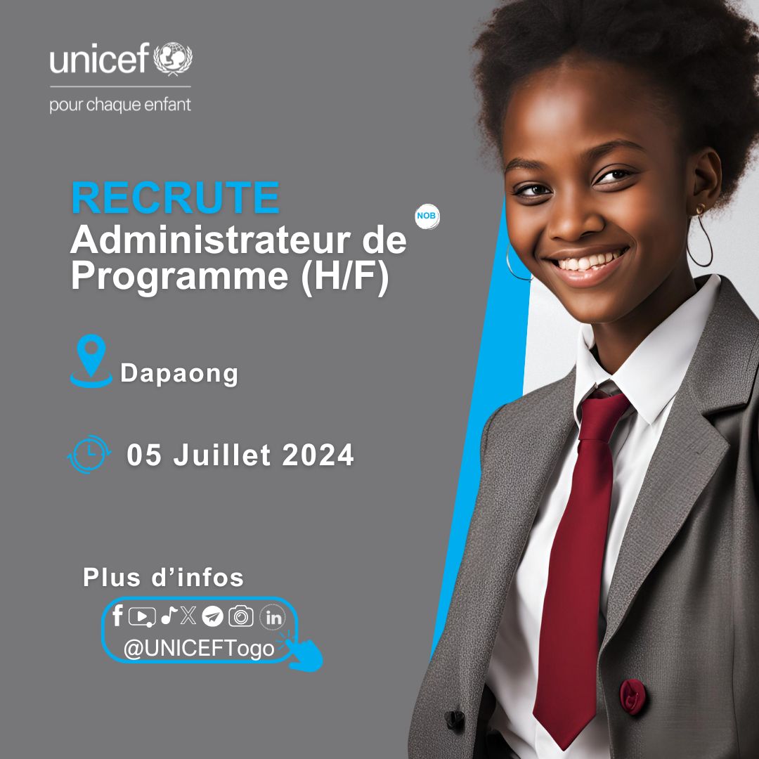 UNICEF au #Togo a hâte de t’accueillir dans sa famille comme Administrateur de Programme à #Dapaong, pour la cause des enfants.
Pour plus d’informations :  👇jobs.unicef.org/cw/en-us/job/5…
Délai : 5 Juillet 2024
#UNICEFTg #JobsAlert #PourChaqueEnfant <a href="/UN_Togo/">Nations Unies Togo</a>