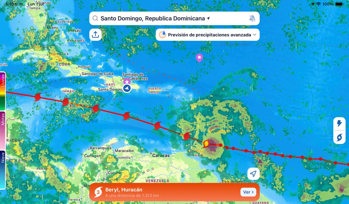 A las 5:00am de este lunes el huracán Beryl ha reducido la velocidad de sus vientos máximos sostenidos hasta 192kph, descendiendo a la categoría 3, pero aún así sigue siendo huracán mayor, moviéndose al oeste-noroeste a 32kph, y acercándose a las Antillas Menores.