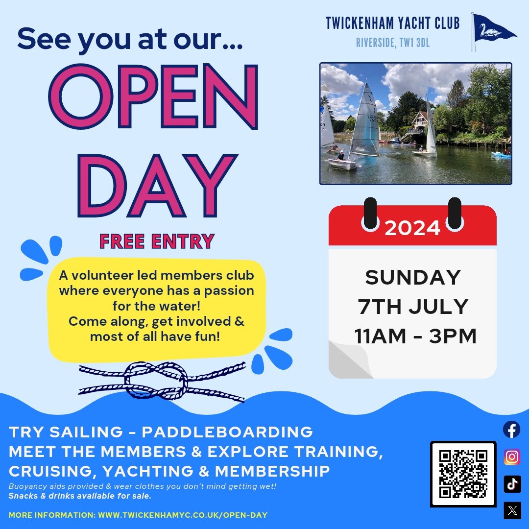 TwickenhamYC's tweet photo. ‼️THIS SUNDAY‼️

Open Day at Twickenham Yacht Club is on 7th July.

Try sailing and paddleboarding plus visit our clubhouse on Twickenham Riverside. 

Visit our website for more info:
https://t.co/ftMeSQTn1N

@TwickFolk
@DiscoverTwick 
@TwickTribune 
@TwickenhamNub 
@LBRUTMayor https://t.co/UyhW9E3Ny3