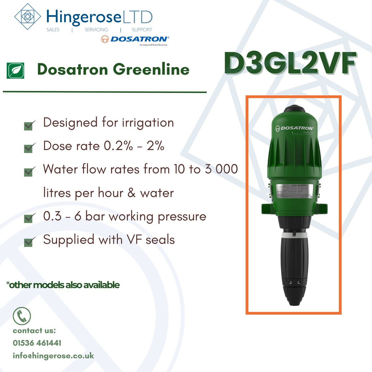 HingeroseLtd's tweet image. 🟢Dosatron Greenline - the "go to" range for irrigation &amp;amp; fertigation applications, 
offering accurate &amp;amp; consistent dosing of additives at water flow rates up to 3m³/hr.  
Readily available and the market leader!

#Dosatron #Greenline #Fertigation #Irrigation💦 #Agribusiness🌾
