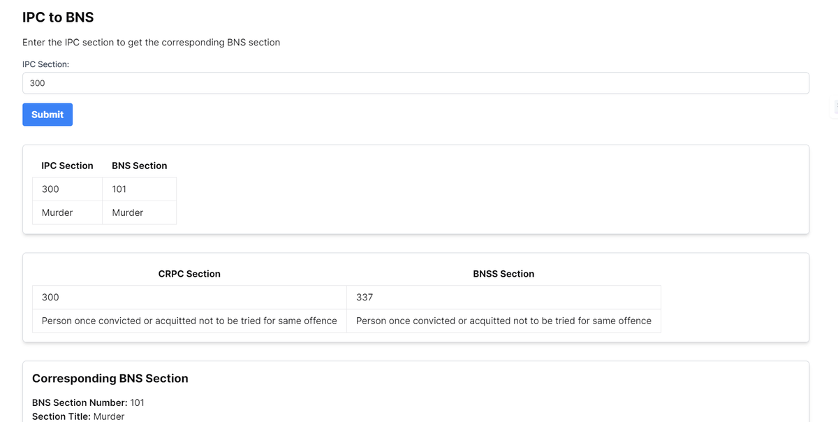 AnmolJain_01's tweet photo. Just created a simple project that converts IPC sections into new BNS Sections. It will help Lawyers a lot. URL🔗  https://t.co/4r5Emw0b9Y
What do you think people will use this or not? 

@kirat_tw @piyushgarg_dev @striver_79 
#AzaadBharatKeKanoon #indianlaws https://t.co/tqrxxwSUVo