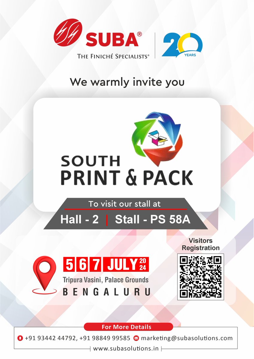 Suba Solutions to Showcase at SOUTH PRINT &amp; PACK 2024 

Visit us at booth Hall: 2 | Booth: PS 58A to know more about our latest products and services.

Event Details: SOUTH PRINT &amp; PACK
🏛️ Hall: 2 | Booth: PS 58A
🗓️ 5-6-7 July 2024
📍  Tripura Vasini, Palace Grounds BENGALURU