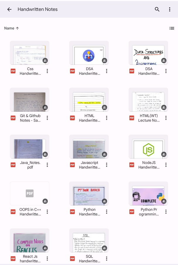 All Handwritten colorful notes for Free👇

👉 HTML
👉 CSS
👉 Git
👉 SQL
👉 DSA
👉 Java
👉 DBMS
👉 Python
👉 JavaScript
👉 OOPS in C++

Get it Simply:

1. Like &amp; Retweet
2. Comment “send”
3. Follow me (So I can DM You)

 Hurry up free for the next 24 hours only.