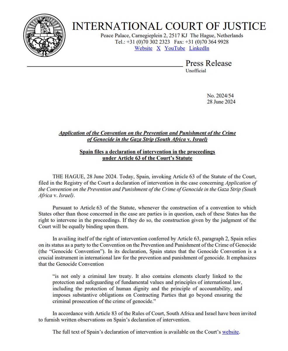 PRESS RELEASE: #Spain filed in the #ICJ Registry a declaration of intervention in the case concerning Application of the Convention on the Prevention and Punishment of the Crime of Genocide in the Gaza Strip (#SouthAfrica v. #Israel) bit.ly/3VPq1E6