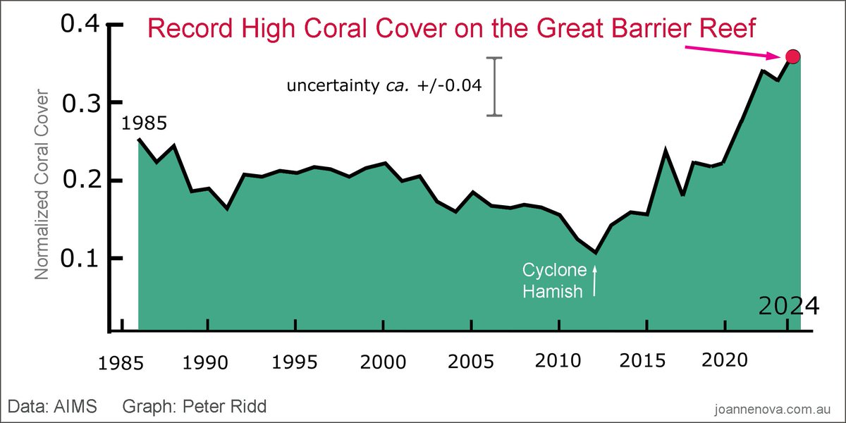 catandman's tweet photo. GBR coral's doing great! After a trillion tons of CO2, the Great Barrier Reef hits record coral cover 3rd year in a row, since records began! 
@BBCNews could tell us, but won't broadcast fact. Because @Ofcom rules say the science is settled (their science)
https://t.co/Zg2PRUD9w9 https://t.co/QXas3TOXqE