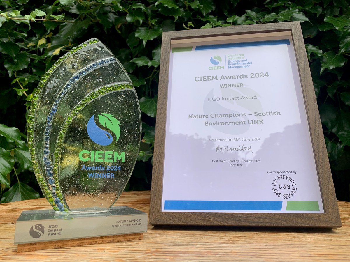 We are truly honoured to have been awarded the <a href="/CIEEMnet/">CIEEM</a> NGO Impact Award!

Enormous thanks to MSP <a href="/NatureChampions/">Nature Champions</a> past &amp; present who have been a voice for nature in <a href="/ScotParl/">Scottish Parliament</a>, and to the fantastic <a href="/ScotLINK/">Scottish Environment LINK</a> members who make the initiative possible.

Here's to the next 10 years!