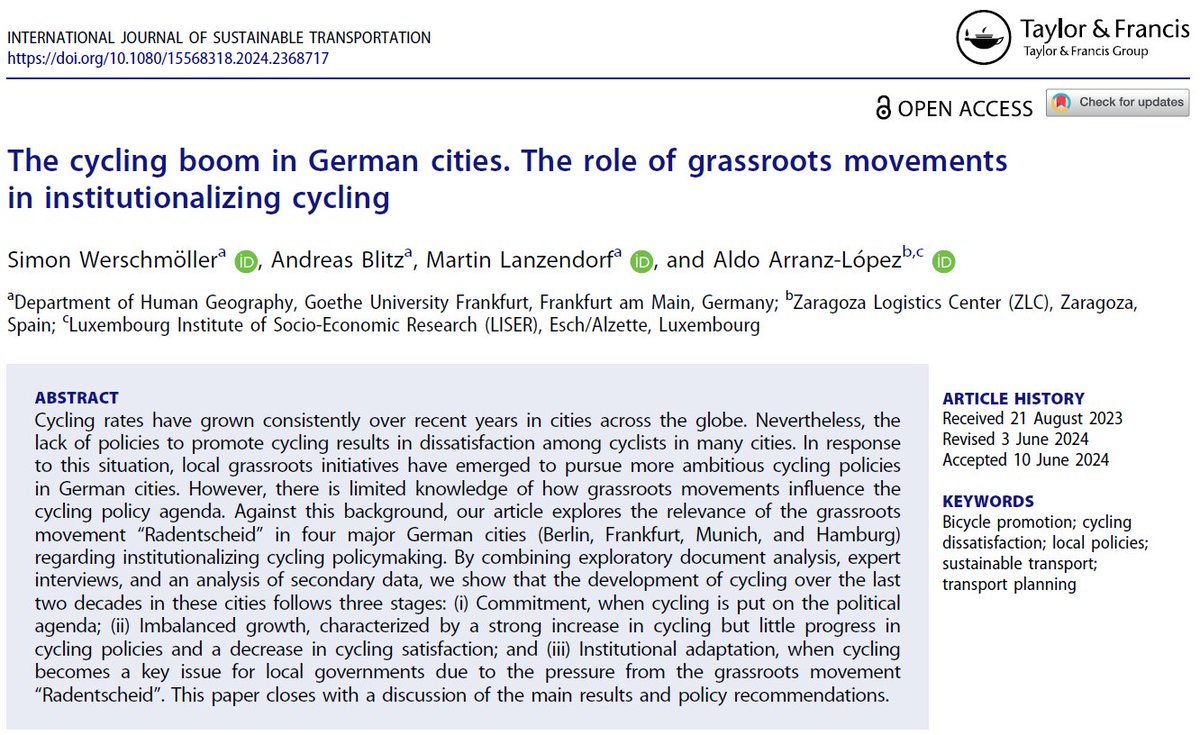 In unserem neuen Paper untersuchen wir den Zusammenhang zwischen mehr Radverkehr, lokaler Radverkehrspolitik &amp; den #Radentscheide-Initiativen in vier großen deutschen Städten.
#Frankfurt #Berlin #Hamburg #München
Ergebnisse im Thread
doi.org/10.1080/155683…
🧵1/3