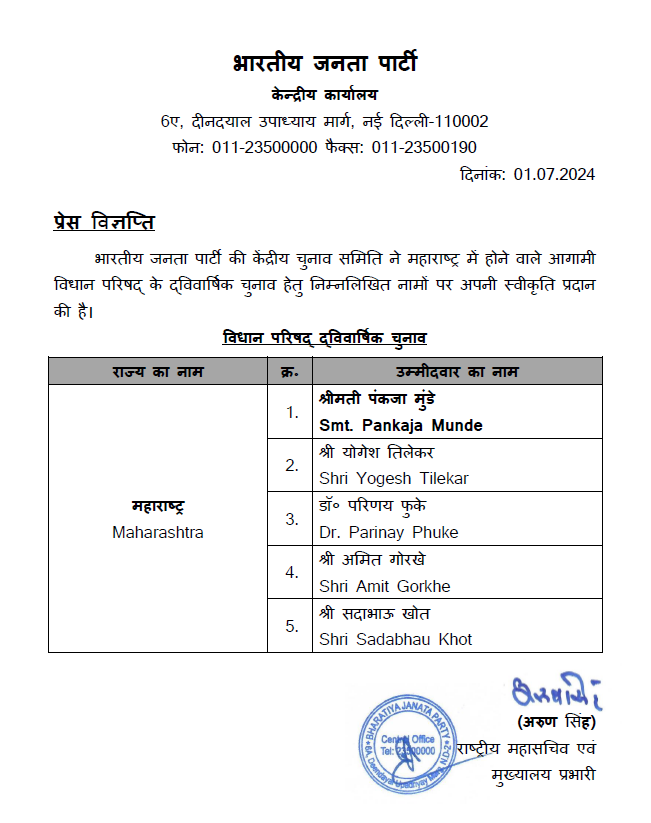 Maharashtra MLC Election 2024: भाजपा ने उतारे पांच प्रत्‍याशी, लिस्‍ट में पंकजा मुंडे का भी नाम