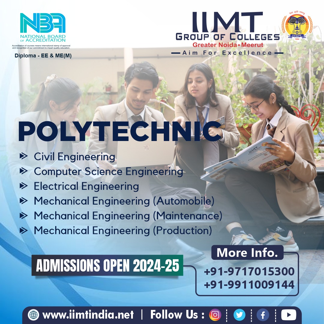 iimtnoida's tweet image. Admissions Open for 2024-25 !

1-Civil Engineering
2-Computer Science Engineering
3-Electrical Engineering
4-Mechanical Engineering (Automobile)
5-Mechanical Engineering (Maintenance)
6-Mechanical Engineering (Production)

#PolytechnicAdmissions #EngineeringCourses