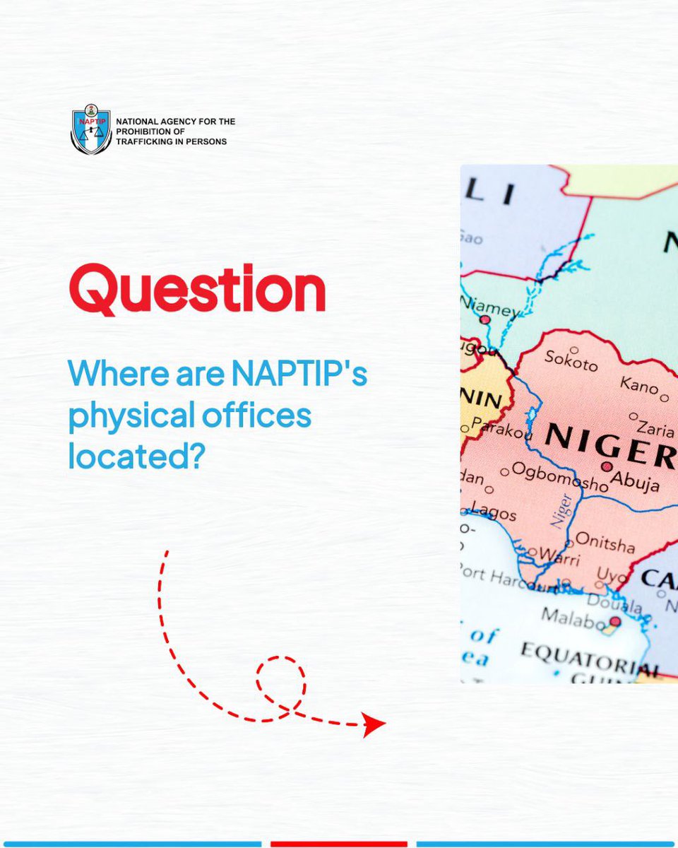 naptipnigeria's tweet image. Wondering where NAPTIP’s physical offices are located? Find the nearest office to you and join the fight against human trafficking. 

For detailed addresses and contact information for each office, you can visit naptip.gov.ng

#FindNAPTIP #EndHumanTrafficking