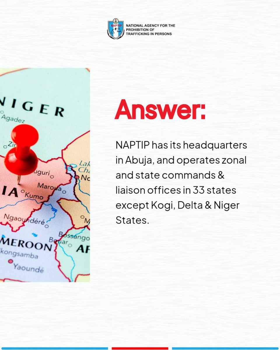 naptipnigeria's tweet image. Wondering where NAPTIP’s physical offices are located? Find the nearest office to you and join the fight against human trafficking. 

For detailed addresses and contact information for each office, you can visit naptip.gov.ng

#FindNAPTIP #EndHumanTrafficking