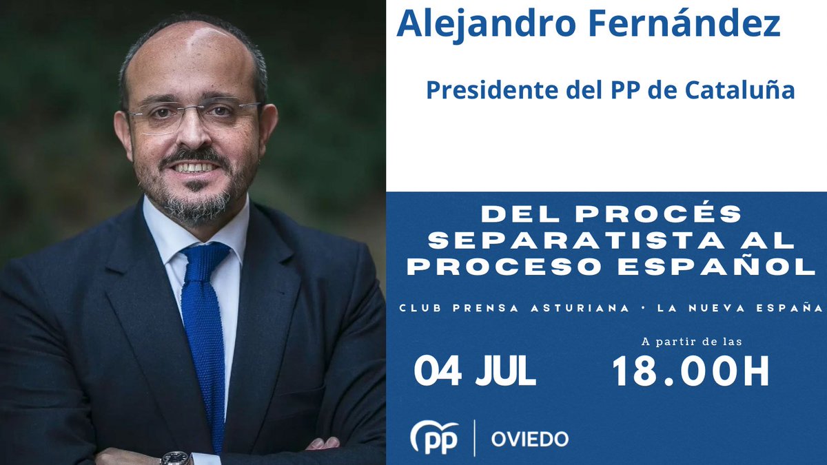 🗓️ Jueves 4 de julio

🕕 18.00h

🗣️ <a href="/alejandroTGN/">Alejandro Fernández</a> hablará sobre la evolución del Procés separatista al proceso español

📍 <a href="/ClubprensaLNE/">Club Prensa LNE</a> | <a href="/lanuevaespana/">La Nueva España</a>