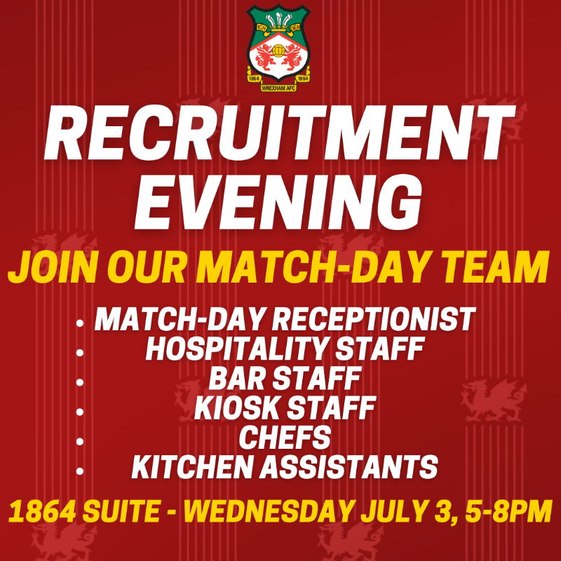 Wrexham_AFC's tweet photo. RECRUITMENT EVENING

Work for Wrexham AFC - we have a number of match-day vacancies and will be hosting a recruitment evening on Wednesday July 3, from 5pm-8pm in the 1864 Suite.

Interested? Select the vacancy you're interested in and book your slot now!

🔴⚪ #WxmAFC