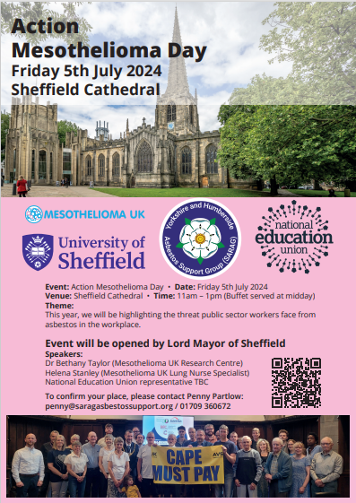 Please come along to Sheffield Cathedral on Friday 5th July 2024, 11am-1pm for SARAG's Action Mesothelioma Day.