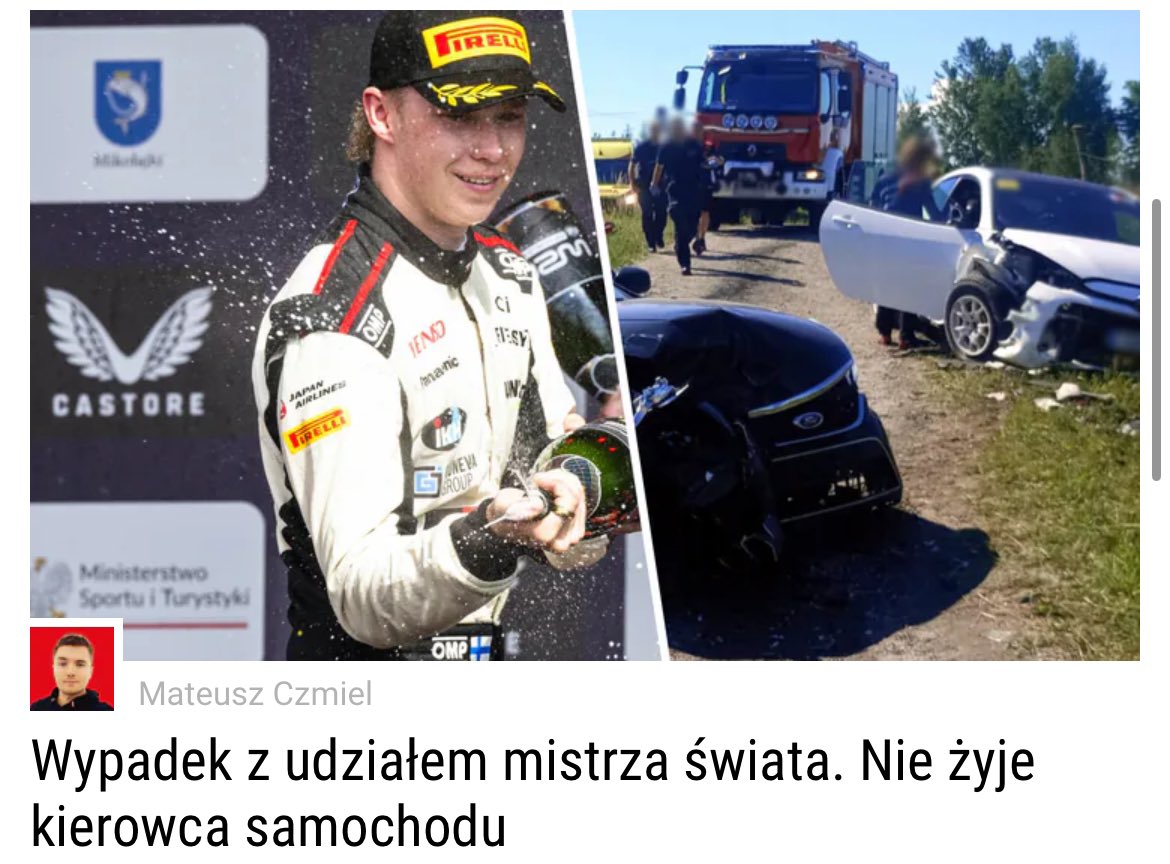 G (@garybgc) on Twitter photo . <a href="/WPSportoweFakty/">WP SportoweFakty</a> mogę wiedzieć dlaczego na zdjęciu jest Kalle Rovanpera (również Mistrz Świata), który z wypadkiem nie ma nic wspólnego? Skandal i żerowanie na czyjejś tragedii!!!
#wrc #rallypoland . <a href="/WPSportoweFakty/">WP SportoweFakty</a> mogę wiedzieć dlaczego na zdjęciu jest Kalle Rovanpera (również Mistrz Świata), który z wypadkiem nie ma nic wspólnego? Skandal i żerowanie na czyjejś tragedii!!!
#wrc #rallypoland