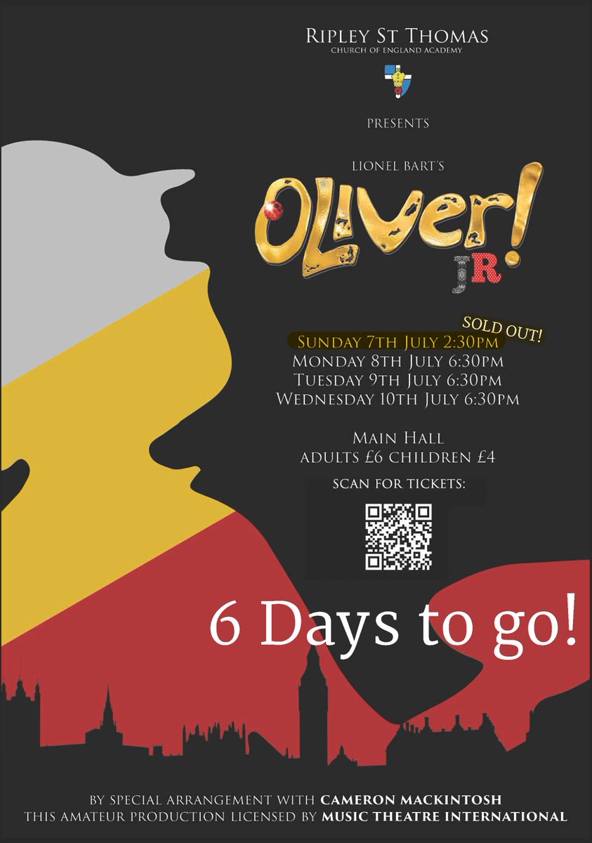 ripleystthomas's tweet photo. Only 6 DAYS TO GO until our fab production of 'Oliver Jr!' hits the stage, so don't miss out on tickets. Only 9 left for closing night on Wed 10 July and a few for Mon and Tues evenings too.
Scan the QR code/click the link: https://t.co/9ghjfFRDEn
@Ripley_Music @Ripley_Drama https://t.co/d9fK5Ozvbb
