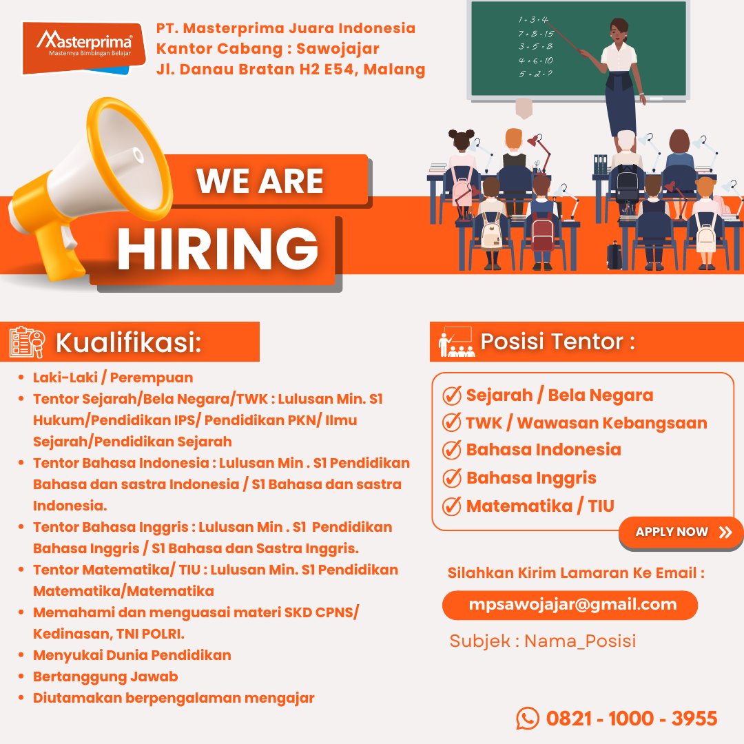 MasterprimaSW's tweet image. Dibutuhkan Segeraaa !!!!!

Pendidikan relevan atau pengalaman anda sesuai, segera bergabung bersama kami. 

Izin Tag  @yusufgunawan @infomalang 

#infomalang #lokermalang #kabarmalang