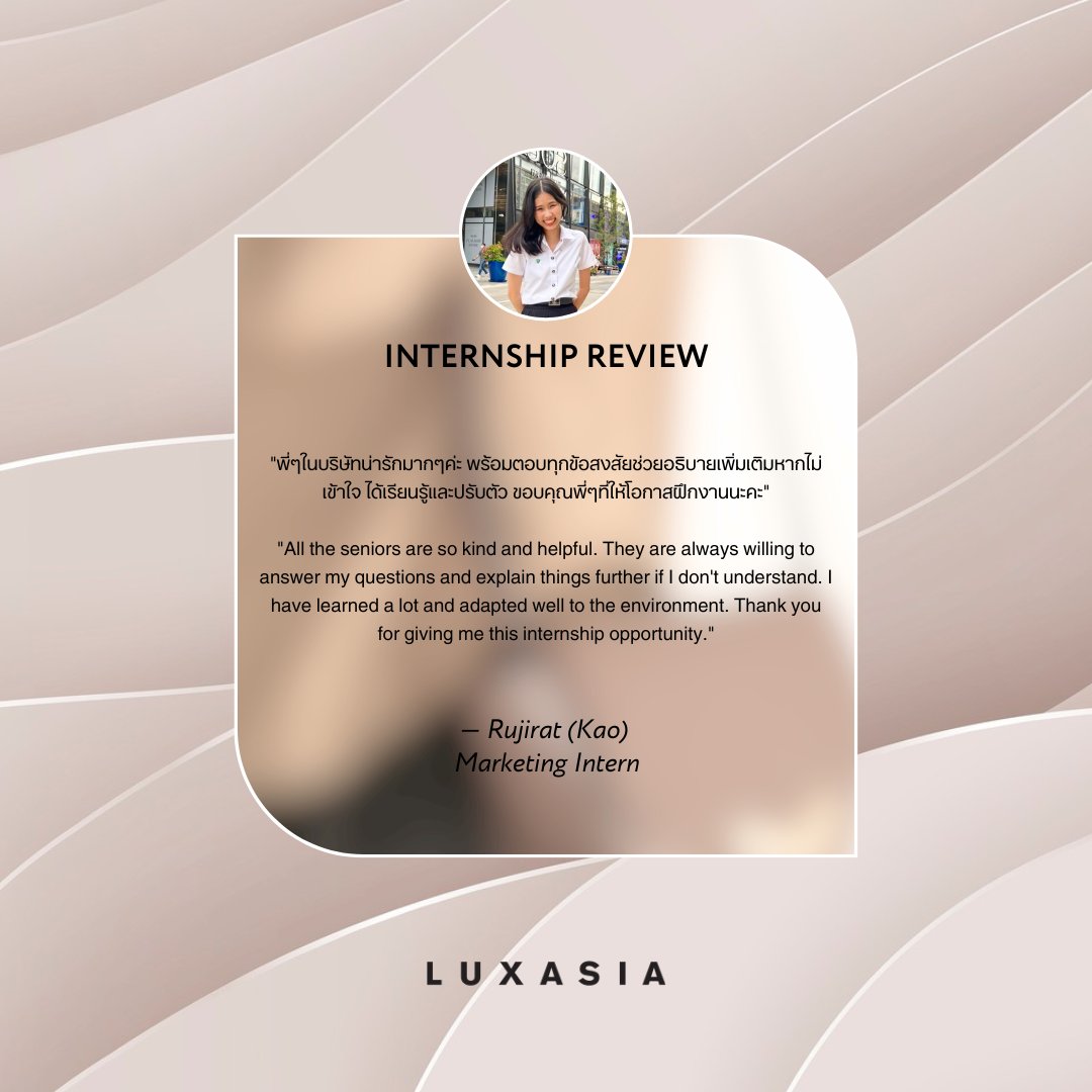 LUXASIA_TH's tweet photo. Join LUXASIA to advance your professional career path and gain essential experience, as supported by some of our Interns' insightful feedback.
#LUXASIA #LifeatLUXASIA #Internship #Joboppotunity #ฝึกงานกับLUXASIA https://t.co/oS2bCsOL2G