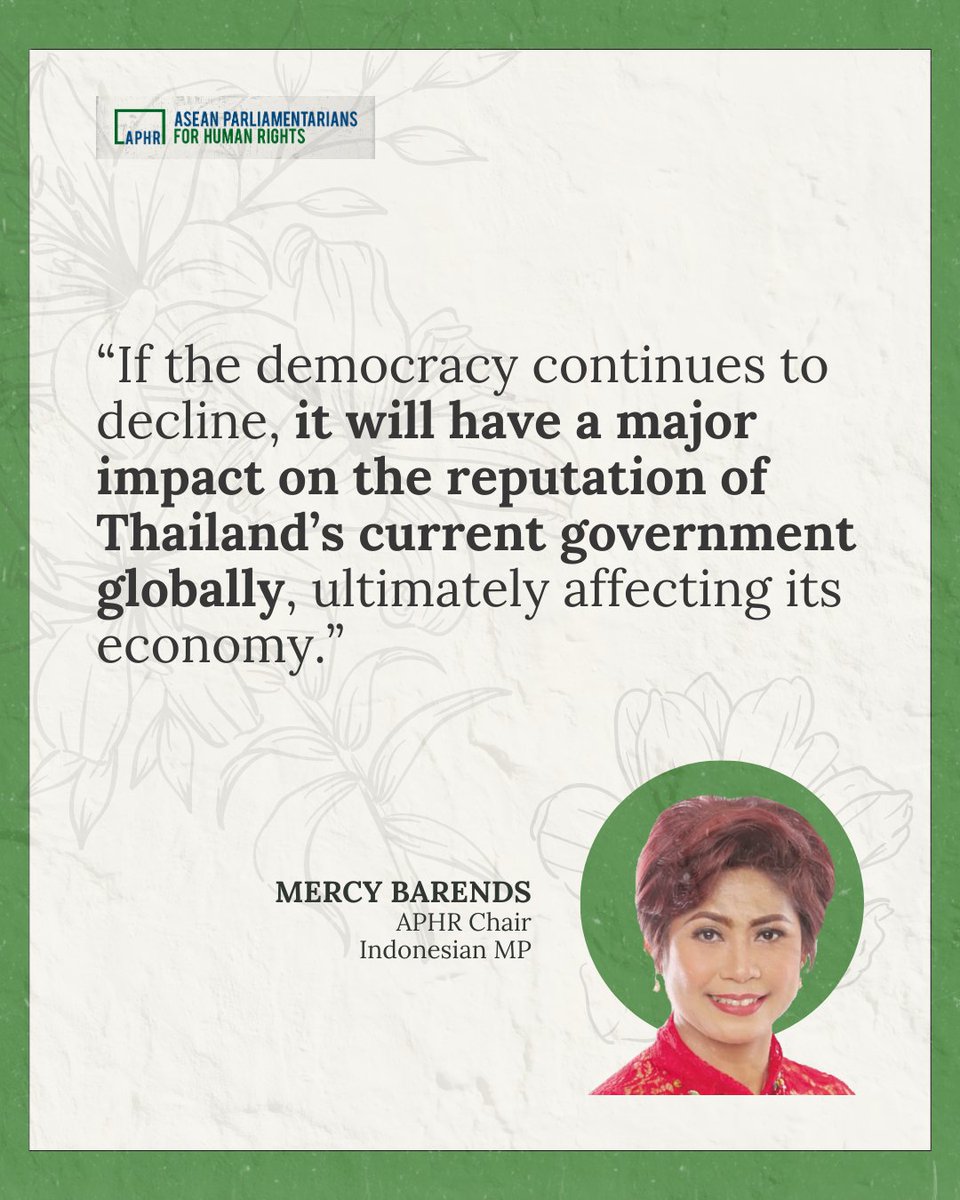“If the democracy continues to decline, it will have a major impact on the reputation of Thailand’s current government globally, ultimately affecting its economy," said Barends.

<a href="/MCB_DPRRI/">Mercy Ch. Barends</a>