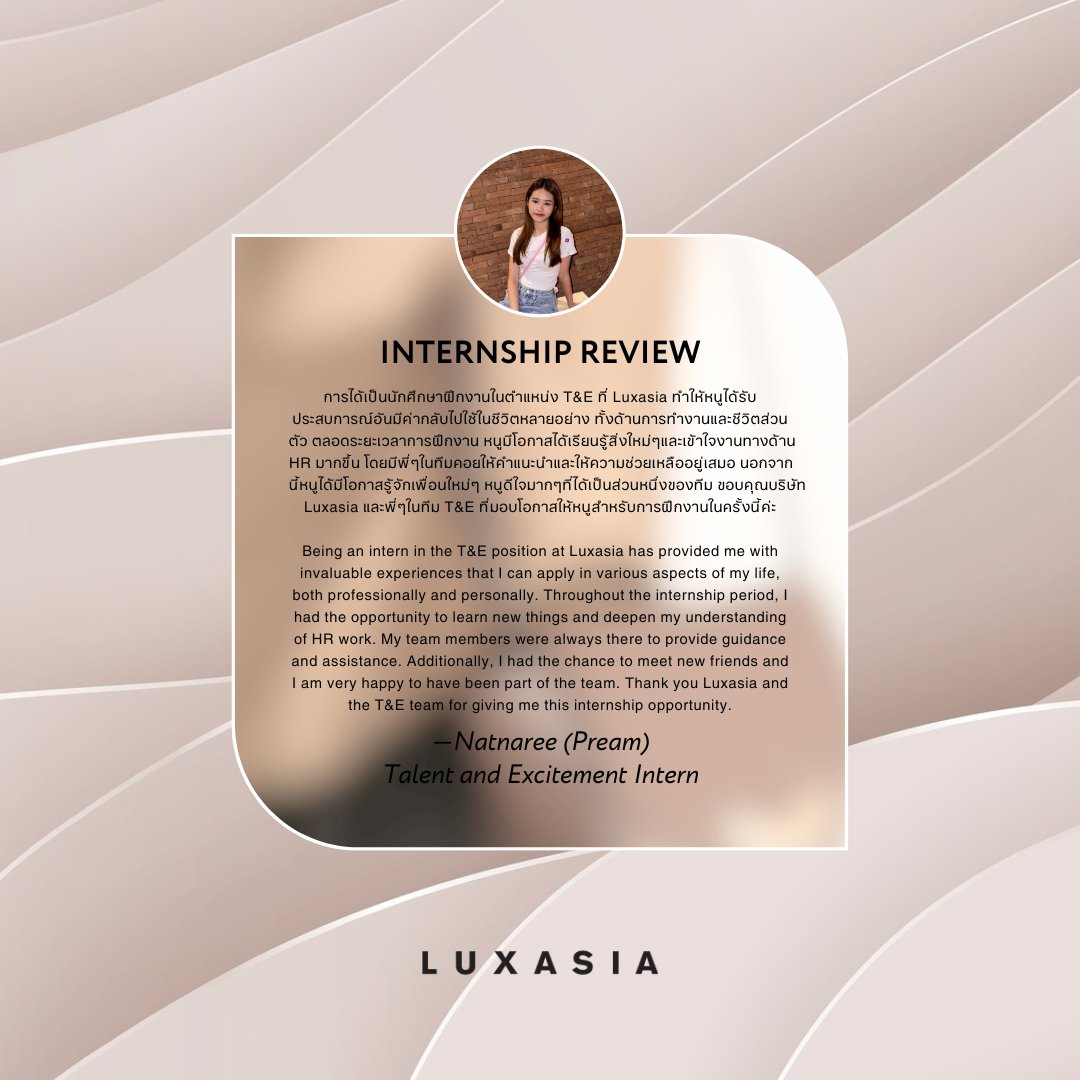 LUXASIA_TH's tweet photo. Join LUXASIA to advance your professional career path and gain essential experience, as supported by some of our Interns' insightful feedback.
#LUXASIA #LifeatLUXASIA #Internship #Joboppotunity #ฝึกงานกับLUXASIA https://t.co/5G1yjWkBgT