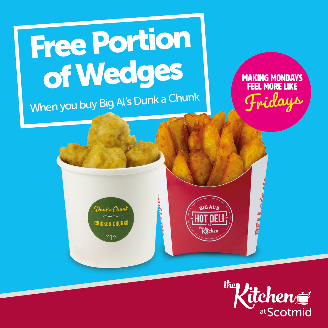 Scotmid's tweet image. Indulge in the ultimate combo! 

Buy a Big Al's Tub and get a free portion of crispy wedges at the Kitchen!🍟

Turn your Monday into a Friday feast with this delicious deal – satisfaction guaranteed!😋🎉

Valid 01/07, 12pm - 3pm.

#BigAls #FreeWedges #MondayTreat #FridayFeels