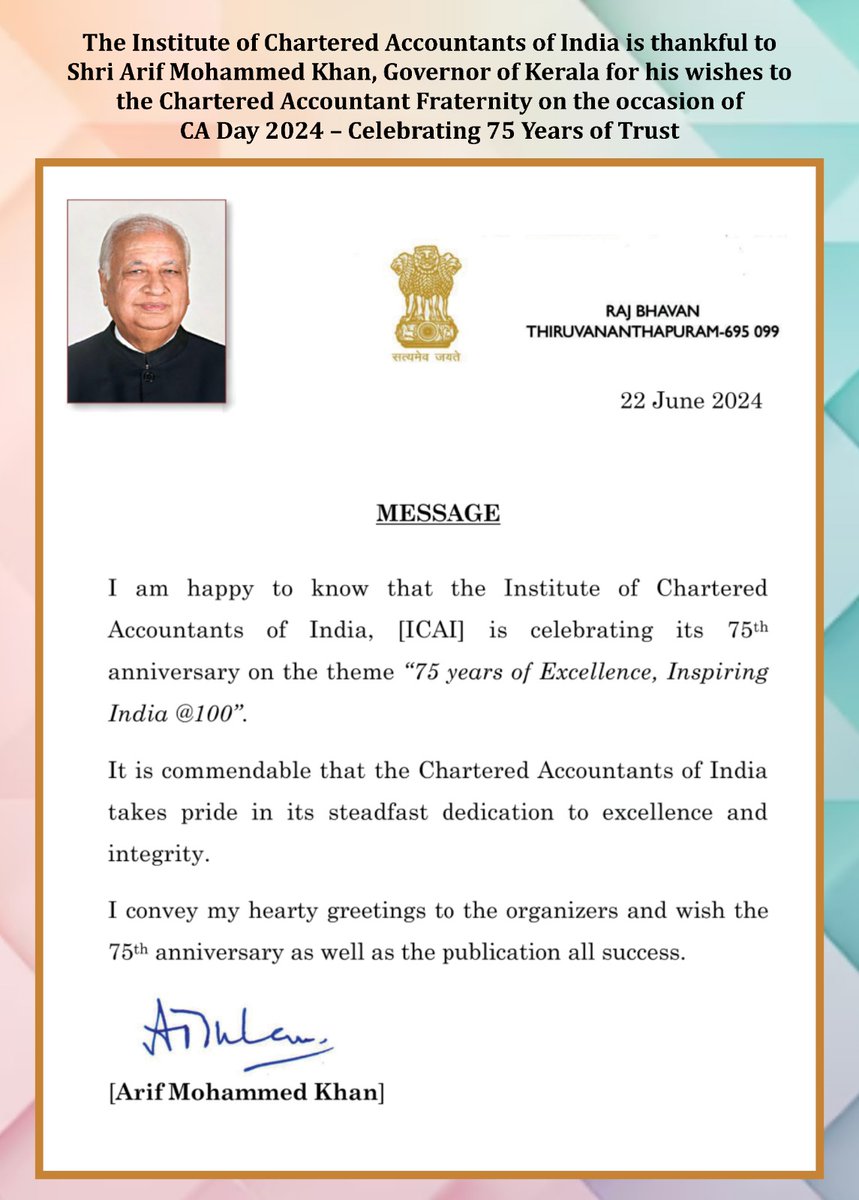 theicai's tweet photo. The Institute of Chartered Accountants of India is thankful to Smt. @anandibenpatel, Shri Banwarilal Purohit and Shri Arif Mohammed Khan @KeralaGovernor for their wishes to the Chartered Accountant Fraternity on the occasion of #CADay2024 – Celebrating #75YearsofTrust

#ICAIat75 https://t.co/MRTiCCS0cG